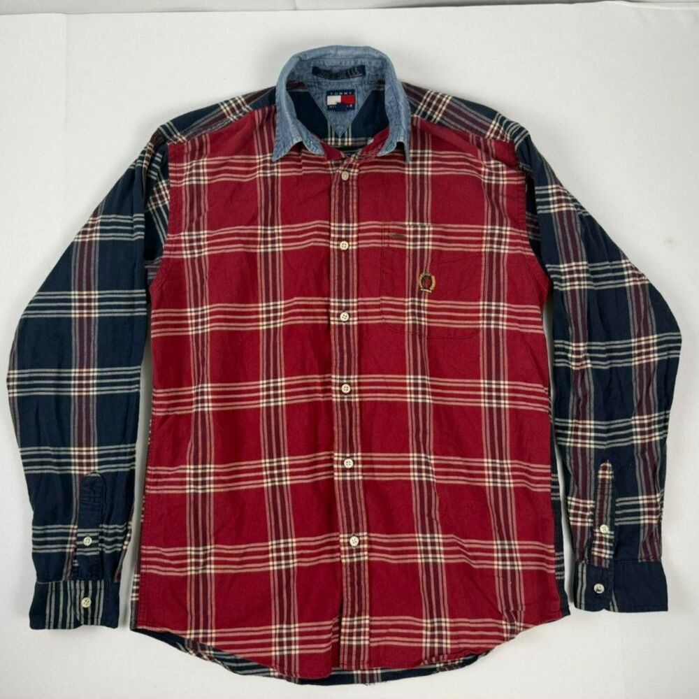 Tommy Hilfiger 100% Cotton Men's 1990s Plaid Denim Collar Shirt - L